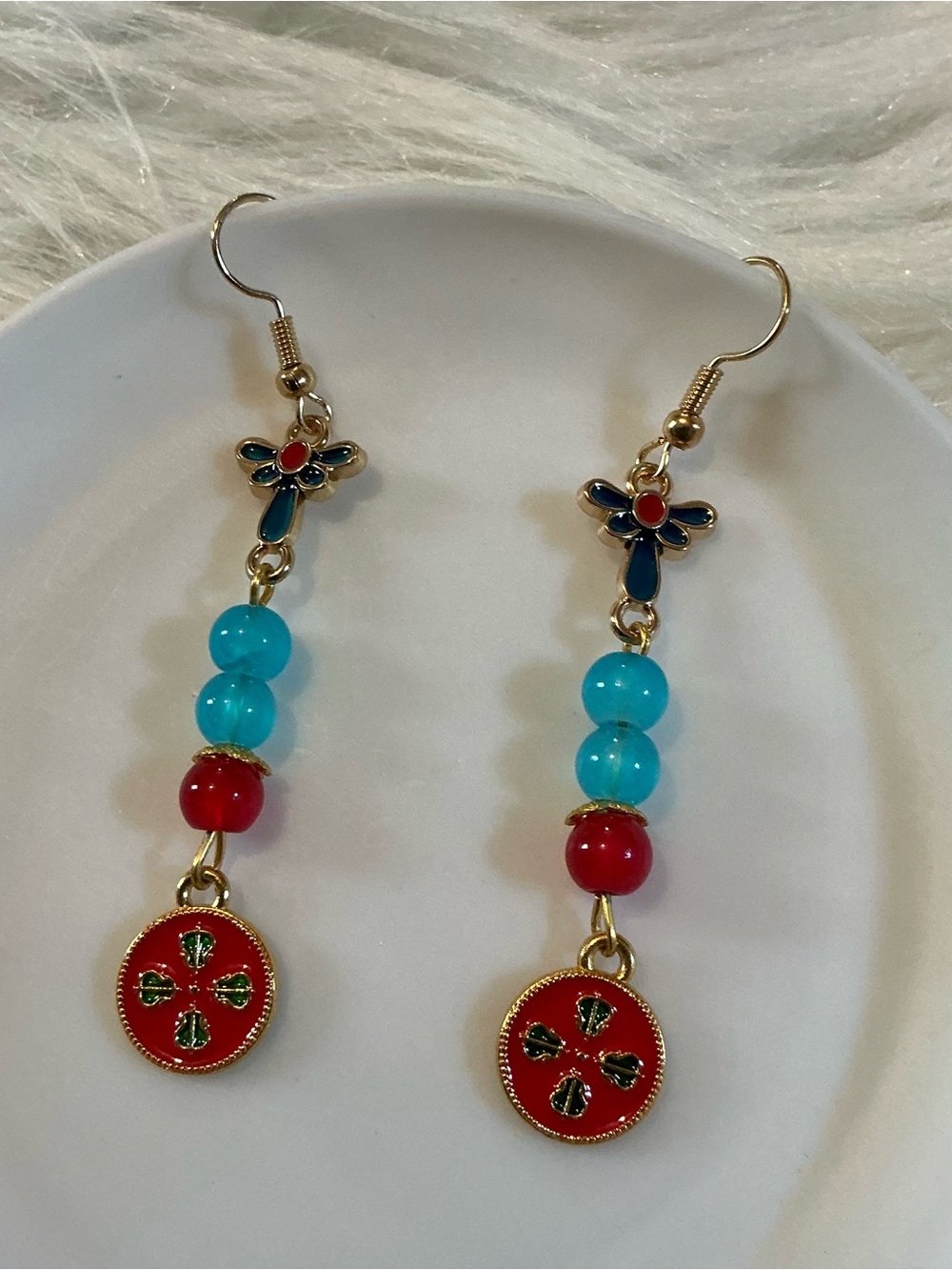 Red, blue, green, gold-tone unique dangle earrings